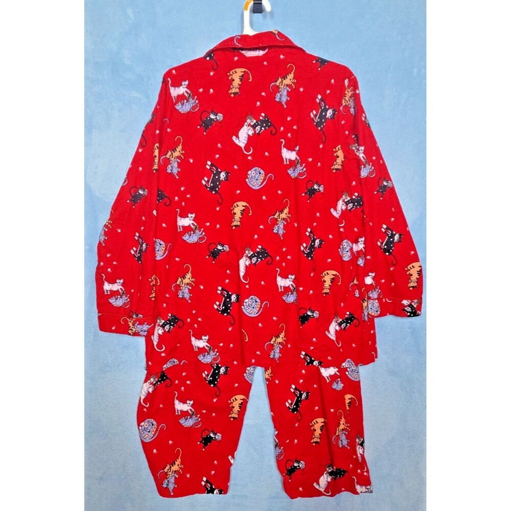 NEW LA CERA 100% COTTON FLANNEL PAJAMA SET CAT PRINT RED PLUS SIZE 1X KITTY PJS - Picture 5 of 15